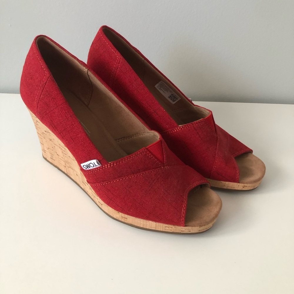 TOMS Red Peep-Toe Wedges